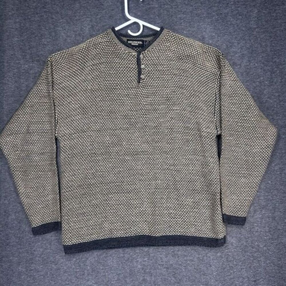 Vintage Roll Neck Henley Knit‎ Sweater Mens Large black brown Made in usa
